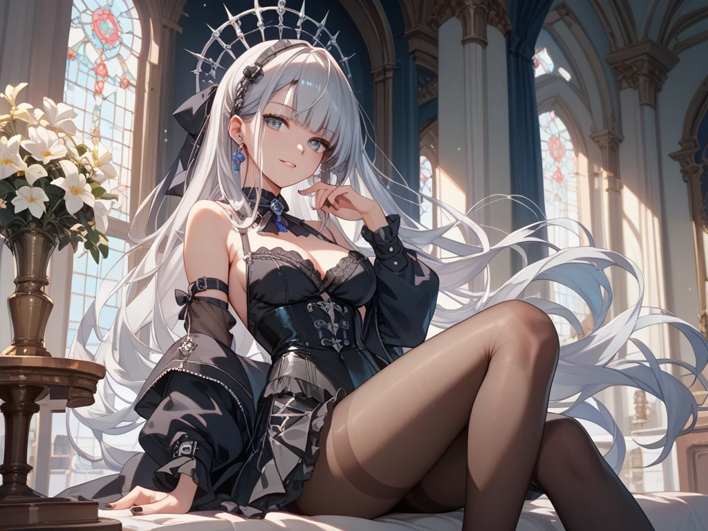 ((masterpiece, Highest quality, High resolution)), ((Highly detailed CG integrated 8K wallpaper)), (Huge and stunning goddess shot, Very hot and sexy, Incredible beauty, Perfect proportions, Beautiful body, Slim body beauty:1.1), The Young Queen on the Iron Throne, The Iron Throne in Flames, A beautiful face that shows determination, Braided silver hair, A black crown on her head, Black Dress, Sitting cross-legged, Bare shoulders, Lace gloves, Barefoot, Majestic light particles in the air, A scene from a movie, Solemn atmosphere, View from below,
