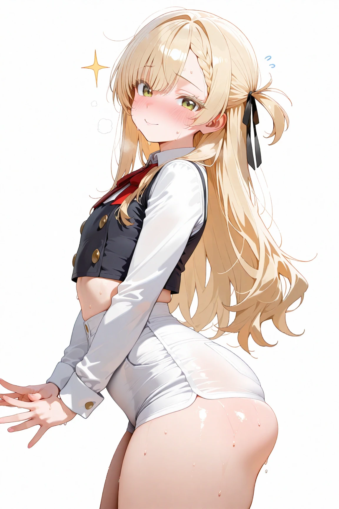 ((Highest quality)), ((masterpiece)), (detailed), One girl, sexy,Young girl,Beautiful girls,18 year old girl,Beautiful Eyes,Blue Eyes,Well-balanced body line,Thin arms,Thin legs,Beautiful fingers,White skin,Beautiful Skin,Curved waist,Beautiful ass,Beautiful teeth alignment,Beautiful ass,Russian Girls,Beautiful blonde hair,Flexible hair,Long Hair,White shirt,Red ribbon around neck,I'm not wearing a skirt,White socks,Black Loafers,Big Breasts,blush,Mouth half open,Embarrassed expression,Expressions of ecstasy,Moist eyes,Are standing,Look straight ahead,Eyes pleading for something,