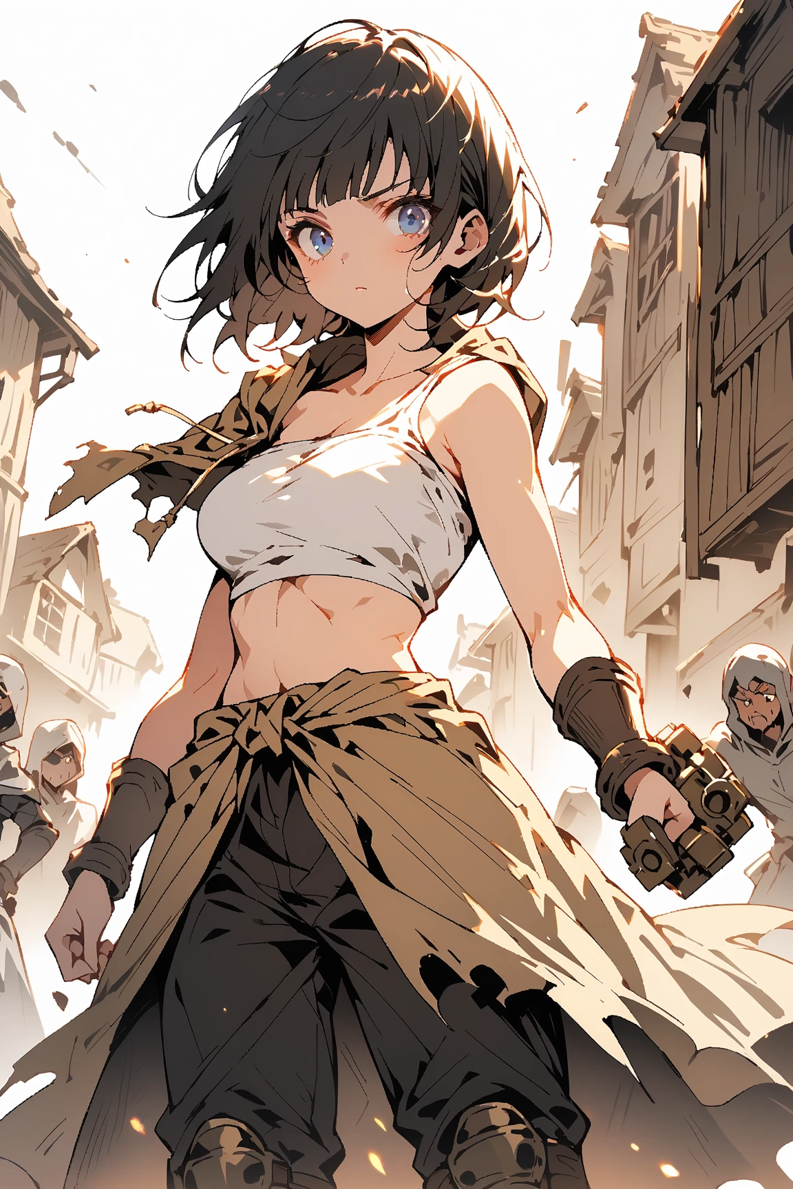 (Masterpiece, Best quality, 4K, Photorealistic), ((Full body shot)), ((Front view)), Expressive eyes, Perfect face, nice hand, 1 girl, Earthy brown hair, Large cleavage, Long round legs, Curvaceous Body, booty, Hairstyles: Messy bun，Loose strands of hair outline the face, This style doesn't let the hair get in the way during the action，And adds a rough charm, Dark green leather tunic，Bronzed décor, Fitted brown leather pants, Knee-length brown leather boots, Brown leather gloves, Practical belt with pouch and weapon holster, Accessories: Leaf-shaped pendant necklace, feather earrings, standing, The backdrop of ancient ruins or forgotten temples can evoke a sense of adventure and mystery, Highlight the inquisitive nature of mercenaries, Extremely detailed artistic gemstone, IG model, Alena Aenami and Artgem, Krenz Kusaud and artistic gemstones, Artgem and Atey Ghailan