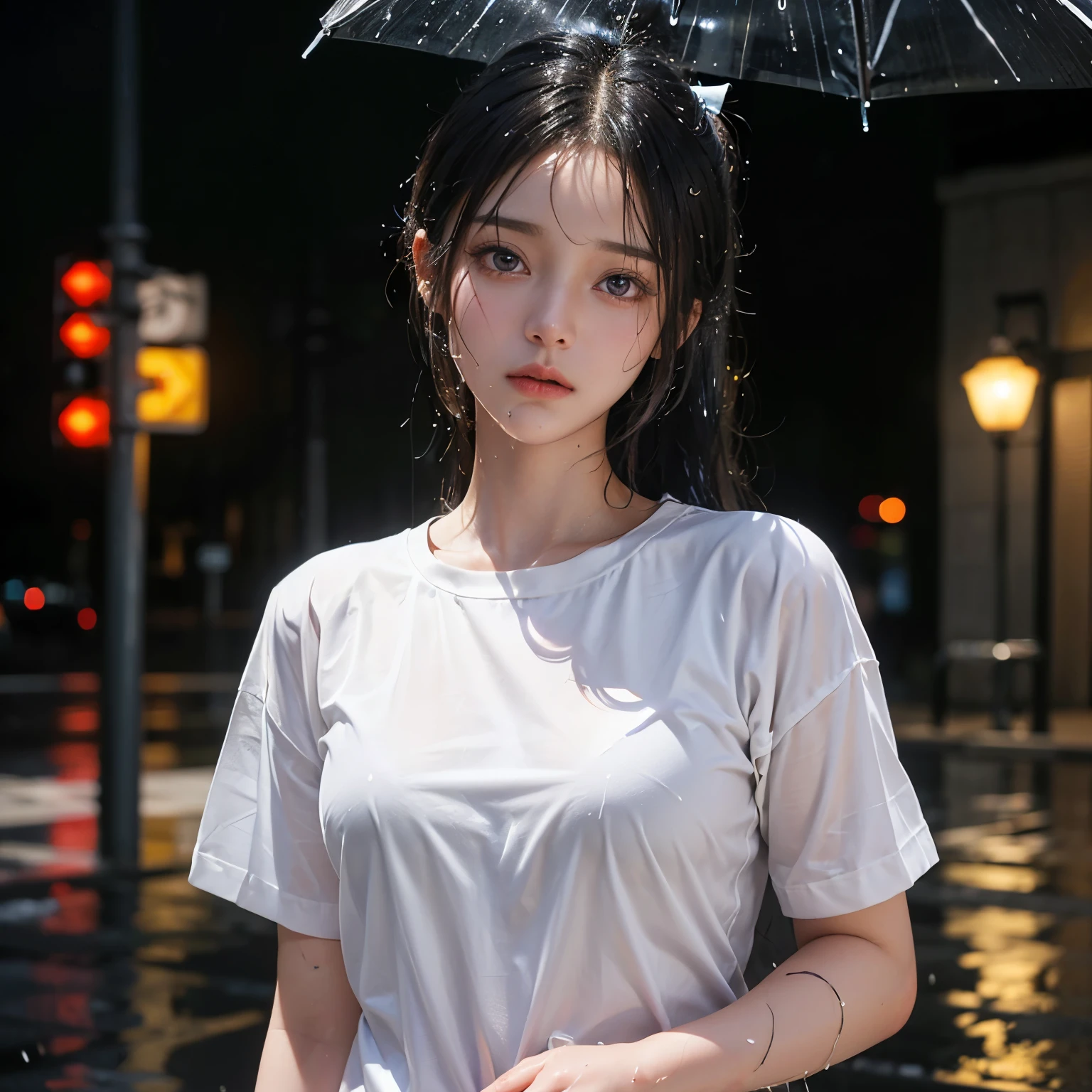 best image quality, masterpiece, super high resolution, (fidelity:1.4), photo, 1 pretty girl, white skin, extra large, cute pose with glasses, white shirt, movie, (wet clothes, real rain, wet hair.)