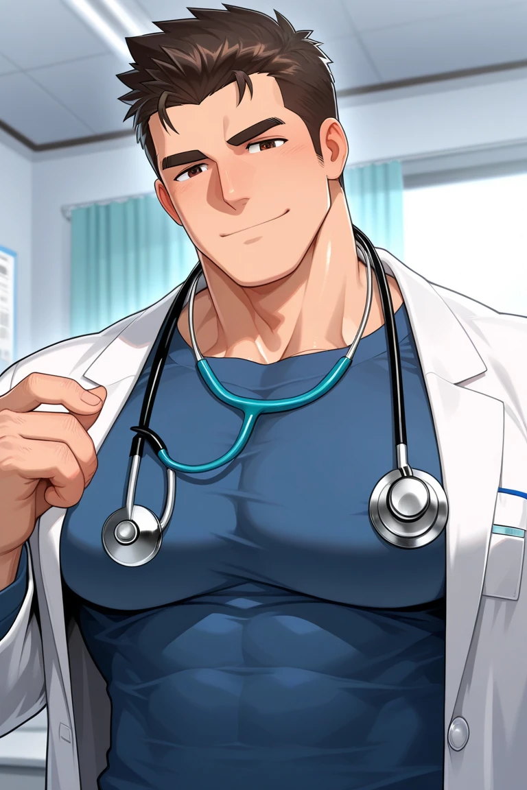 Anime male doctor holding tablet in his hand, doctor, (doctor), male physician, the doctor, With a lab coat, foxish guy in a lab coat, with a stethoscope, skinny male fantasy scientist, ) safe to work, stethoscope!, wearing lab coat and a blouse, wearing a lab coat, Wearing a lab coat