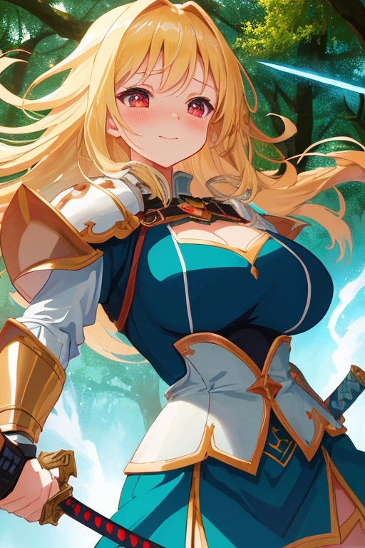 A beautiful woman with very long hair and a gentle smile and a beautiful flying skyship in the background,((majic armor is huge inflated )) ,huge bust body style ,japan artist yoshitaka amano. style illust,