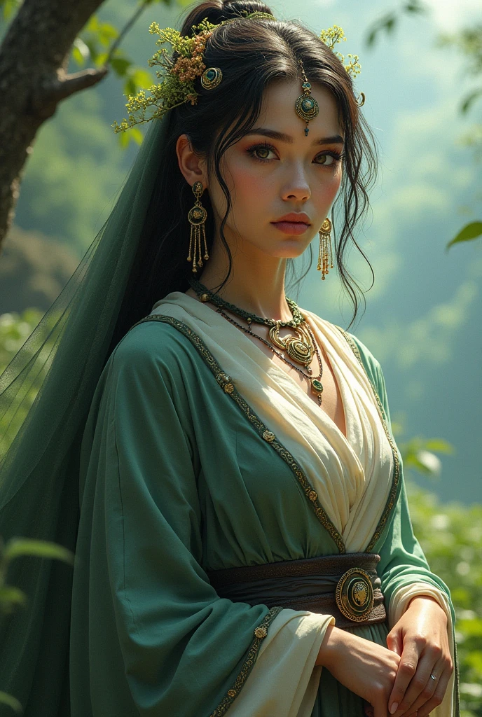 couple (((Female)), fashion shot, (Full portrait), (Half), Solo, Detailed background, Detailed face, (stonepunk, Stone theme:1.1), Wise, (Beautiful hair, Braid: 0.2), shaman, The nasal septum is rough, mysterious, (Gorgeous face), Stunning, head tilted up, (Calm expression), calm, Intimate interaction, Sea bubble green worn clothes, rosary, Tribal ornaments, feathers in hair, headdress: 0.33, Emerald, obsidian, Detailed clothes, Realistic skin texture, (Floating particles, Water Swirls, embers, rituals, whirly, Wind: 1.2), Clear focus, voluminetric lighting, Good highlights, Good shadows, Subsurface scattering, complex, Highly detailed, ((film)), Dramatic, (Highest quality, Award-winning, Masterpiece: 1.5), (Realism: 1.5),
