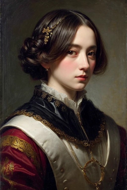 Front view, looking at viewer, 16 century, Medieval British women's clothing, English girl, 18 age old, ((Blond hair:1.3), short ponytail , wince, (Blue eyes:1.3), beautiful lip, serious), gold crescent earrings, gold neckless, (big breasts, slender whist, wide hip)(Net seater, green kilt Gather skirt , textured skin , HI detailed skin, (foreshortening, Canon, 8k, anatomically correct, super detail, high details, highness,