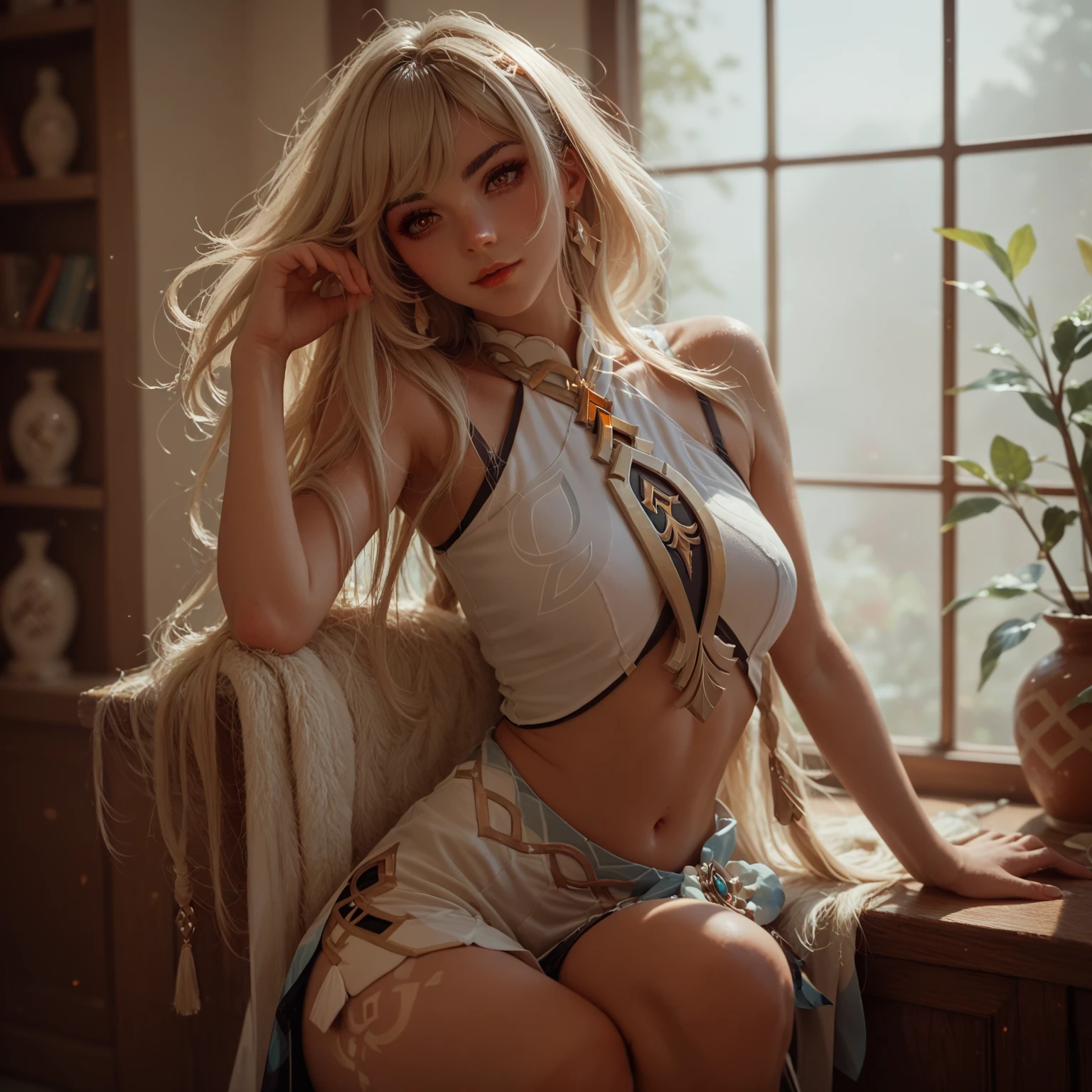 (hyperrealistic), (illustration), (high resolution), (8K), (extremely detailed), (best illustration), (beautiful detailed eyes), (best quality), (ultra-detailed), (masterpiece), (wallpaper), (detailed face), solo 1 girl, white wavy hair, korean, heterochromic eyes, small moles under the eyes, loose white shirt, yoga pants, big breasts, long legs, tight abs, camel toes, dynamic pose