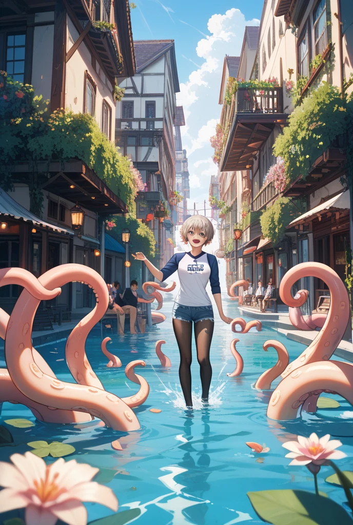 (Best Quality, Masterpiece: 1.1), (Realistic: 1.4), Beautiful naked schoolgirl is riding on the rainbow octopus, god ray, teen, silver short hair, blue eyes, full body, from below, hourglass body shape, flying over the park, crystallineAI, fractal art, splash