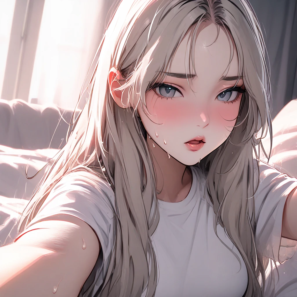 E-girl, lip fillers, gray eyes, coy, flirty, selfie, long straight hair, platinum blonde, solo, forehead, submissive, sick, pretty, ethereal, warm, fiber, a pink thick blanket around her, bed, thermometer, weak, sweating, , white t-shirt, submissive, cute