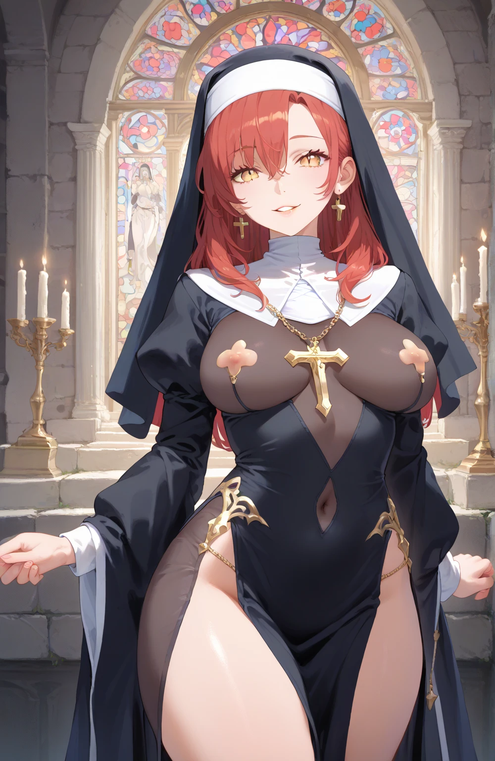 Bodacious unholy nun, bouncy natural breasts, erect nipples, squirting pussy, dangling earrings,voluminous pixie cut hair, red lace knee highs, bound in shibari rope, inverted cross, foyr neo render, ultra detailed, masterpiece, warm fiery lighting, shiny skin, demonic scenery, deep DOF