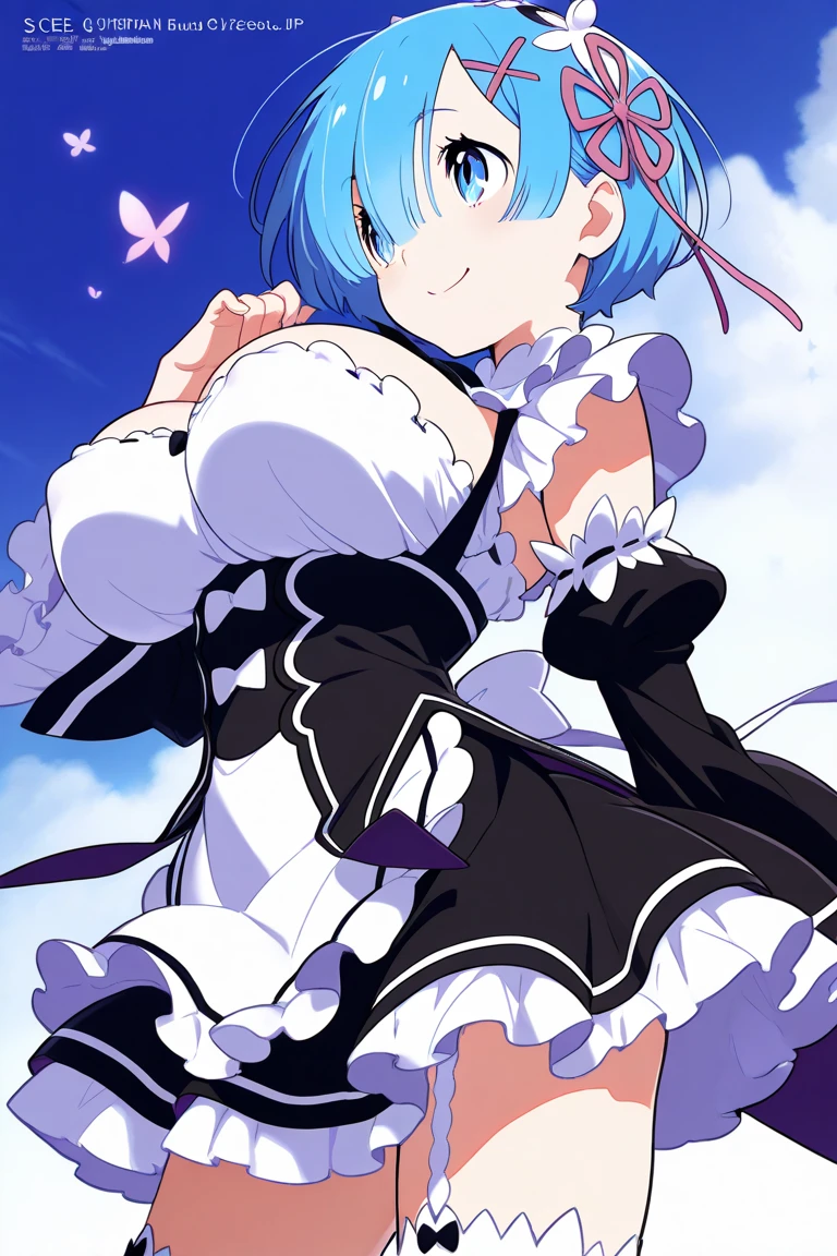 rem (re:zero), a person wearing an outfit that has small dots on it's clothes, 1girl, solo, detached sleeves, blue hair, short hair, hair ornament, flower, blue eyes, hair flower, breasts,MORE details,confident stance,super high detail --ar 2:3 --niji 5,Rem, blue eyes, short hair, blue hair, hair over one eye, maid outfit, detached sleeves, white thighhighs, hair ribbon, x hair ornament, frills, long sleeves, maid headdress, waist apron, white apron, wide sleeves, hair flower