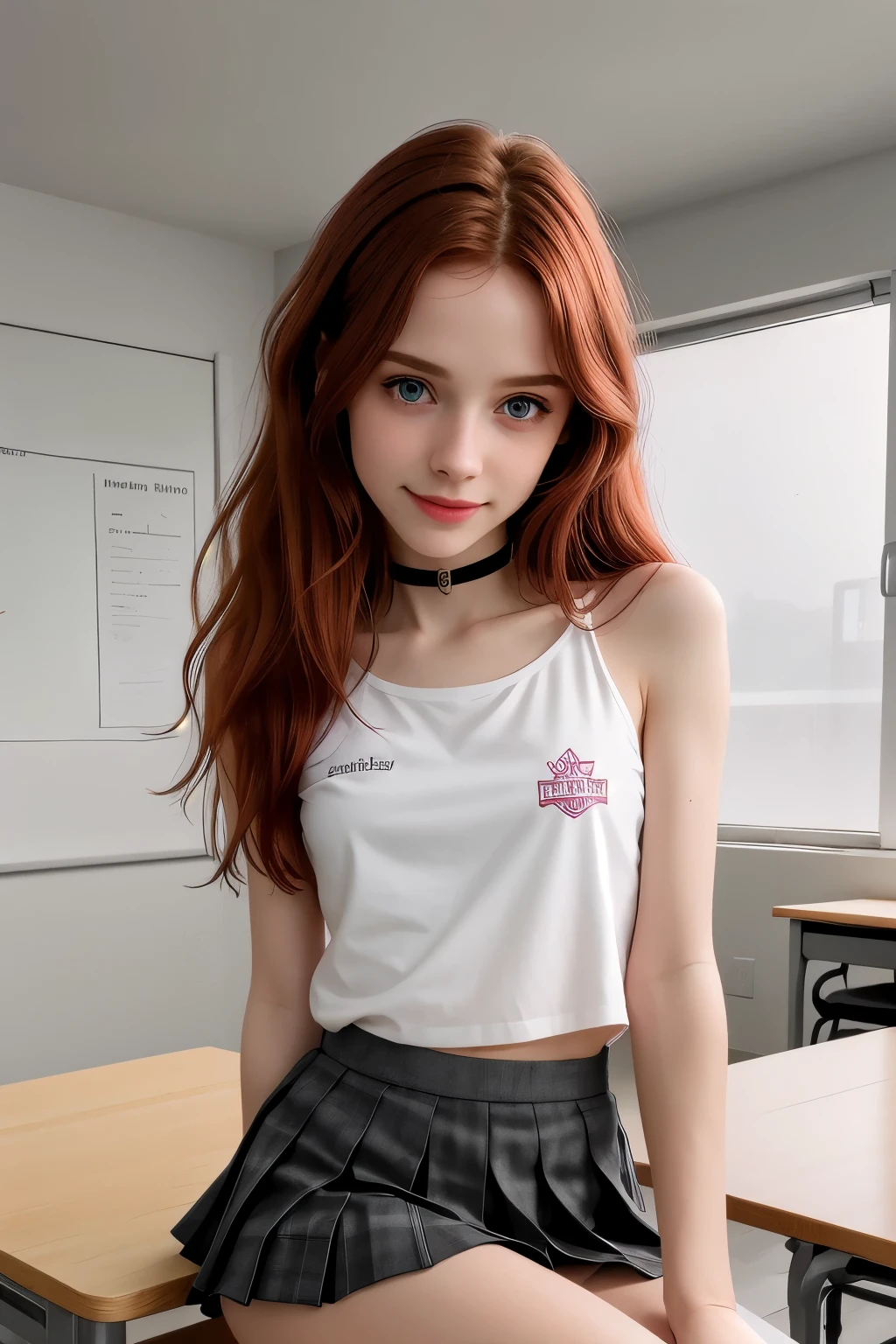 RAW photo,( skinny redhead girl:1.2), age13, wearing a sheer school shirt and pleated skirt, in a classroom, (best quality, high quality), hyperdetailed, highres, high detail, intricate detail, HDR, 8k, sharp focus, detailed background, perfect hands, realistic eyes, detailed skin texture, (blush:0.5), (goosebumps:0.5), subsurface scattering, 16K, ultra high res. photorealistic, HDR, UHD, DSLR, RAW, cinematic lighting, dimples on the cheeks , blush, graphic eyeliner , rouge, ( lipstick:0.6), (choker:0.9), Realistic skin texture , (red:0.8), warm lighting , cozy atmosphere, instagram style, Not suitable for work , naive, shy, , delgado, fit, beautiful, beautiful, pale skin, Photorealistic, skinny bodie, smiling happily, very long red hair with hair ties. (toned arms:1.1) Beautiful detailed face, small tit, thin girls, thin girl, skinny girl.