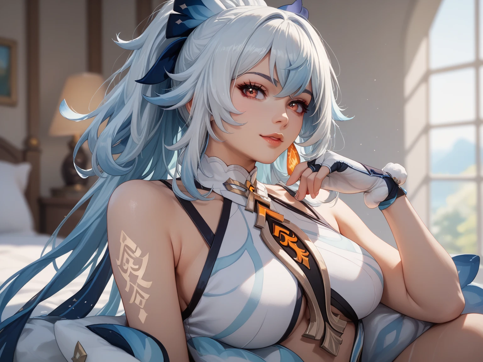 super high quality, (8k, RAW photo, realistic), detailed and delicate depiction and flashy and dynamic painting method, white messy medium ponytail, very beautiful woman, annoying sexy expressions, shining blue big eyes, (flat chest:1.3), ass, slender, full body, red big thick lips, wearing red micro thong bikini, background colorful wall, iridescent, professional flare lighting