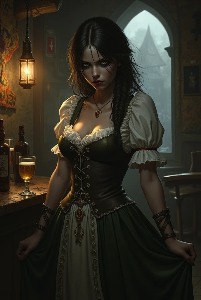 Painting of a beautiful woman in a dress holding a wine glass, Near the fireplace in a fantasy tavern, fantasy Izakaya background, In a medieval tavern at night, Medieval fantasy art, dark fantasy horror art, Horror fantasy art, Izakaya background, old - school Dark Fantasy Art, fantasy horror art, Tavern Pirates, Dark Fantasy Art, Dark Fantasy Artwork