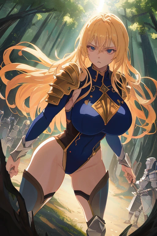 (masterpiece),(best quality),(ultra-detailed),(best illustration),(best shadow),(absurdres),(detailed background),(very aesthetic), 1girl, solo, long-hair, blonde-hair, armor, breasts, navel, boots, looking-at-viewer, cleavage, medium-breasts, armored-boots, midriff, bare-shoulders, simple-background, antenna-hair, high-heels, green-eyes, standing, hair-ornament, gauntlets, greaves, bikini-armor, skirt, gloves, collarbone, blue-eyes, very-long-hair, aqua-eyes, high-heel-boots, floating-hair, smile elbow-gloves, ((golden armor))
