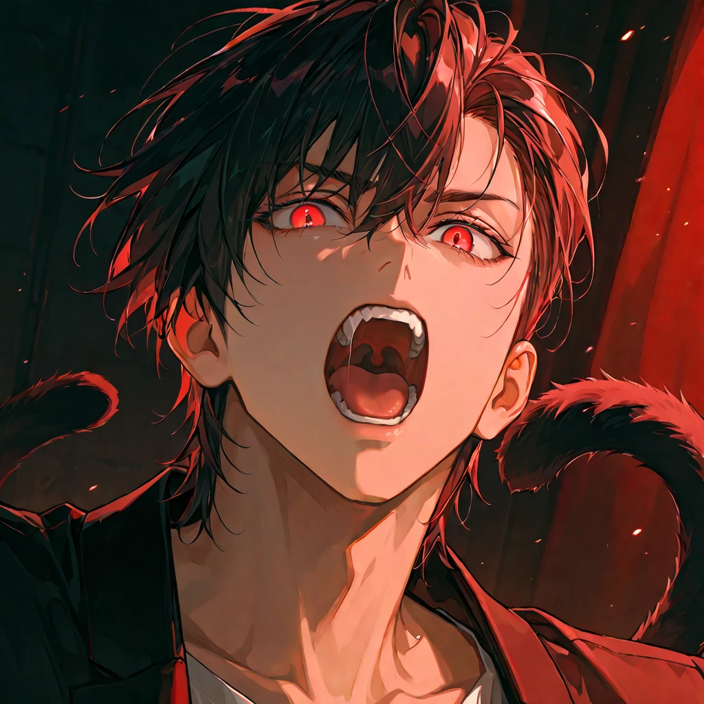scary, dark aura, hell, male, red eyes, black and dark red hair, bats, blood