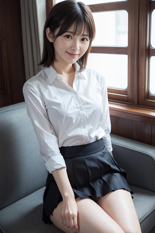 (scissors,hand up),(Wearing a light-colored shirt:1.5),A hair salon with chairs lined up,(The skin is wet from sweat:1.2),beautician,looking at the camera,Cleavage,smile,skirtリフト、skirtを手で上げる,woman, 20-year-old, Short Hair、bangs、(skirt),(White lace panties)、Cute earrings,Natural lighting