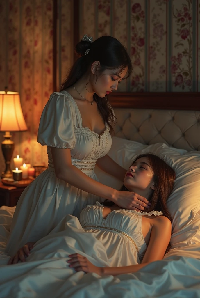 (tmasterpiece,top-quality,best qualityer,),Two beds,On one bed lay a man,On the other bed lay a woman holding a child,Above their heads are cherry-shaped lamps,Top-down view