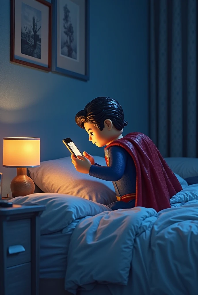 "a boy of about , with a superhero t-shirt, He is sitting on his bed, surrounded by colored lights coming from his mobile phone. A mixture of fascination and exhaustion is reflected on his face.. at your side, on a nightstand, There is an open book and a basketball. In the background, A window shows a beautiful sunset, inviting the child to explore the real world. The image should convey the idea that social media is like a tempting candy, but it is important to find a balance between the digital world and the physical world. The style must be realistic, With lilac colors, purple, gray, negro, pink and light pink,