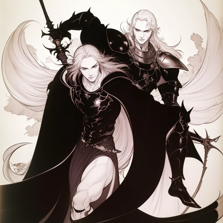 Black Knight、White background、line-drawing、pale color、holding swords、Fantastical、man 1(White hair)、Black dragon wraps around、by mucha、de pele branca、Hollow eyes、Rough sketch、coarser line、Painterly、Lively poses、Beautiful black cloak、Dracula、A slender、Blue feathers、Delicate touch、Thin lines、Equivocal faces、Black Mechanical Giant