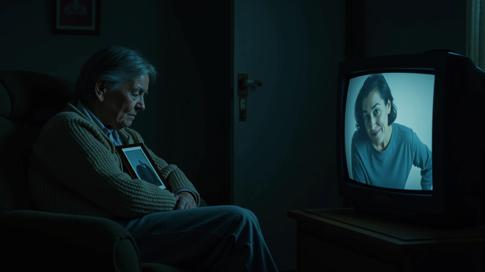 An image of an elderly man watching his daughter and son-in-law(22 year olds)that are on the couch, while they were in the room,from the mirror, and the gentleman was lying in his bed