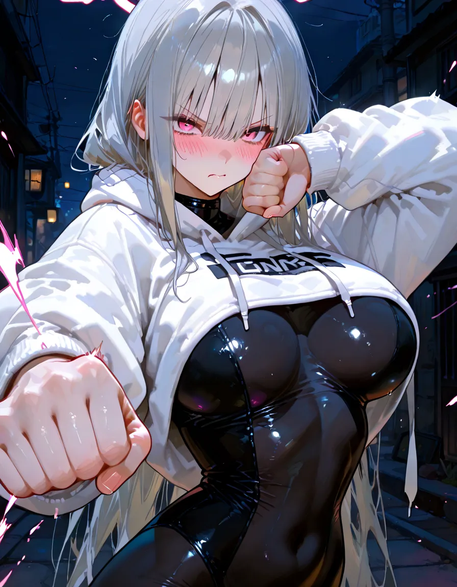 (masterpiece, best quality:1.5), (ultra detailed, high resolution, 8k, beautiful detailed, UHD, best anatomy), 1 cute girl, white hair, medium breasts, sleeves past fingers, Flabby Clothes, Hip-Hop Style