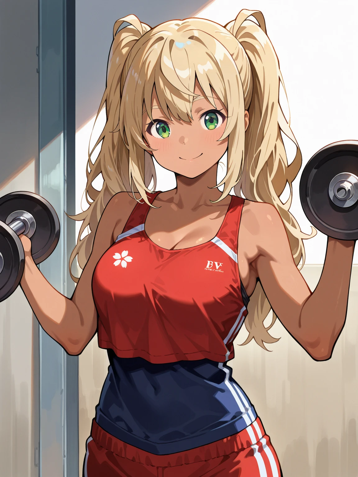 {mordred_fgo:1.15}, green eyes, ponytail, red_scrunchie, sexy, small_tits, blonde, muscular_body, gym background, sweaty, red_gym_clothes, blushed expresion, embarrassed, with arms crossed