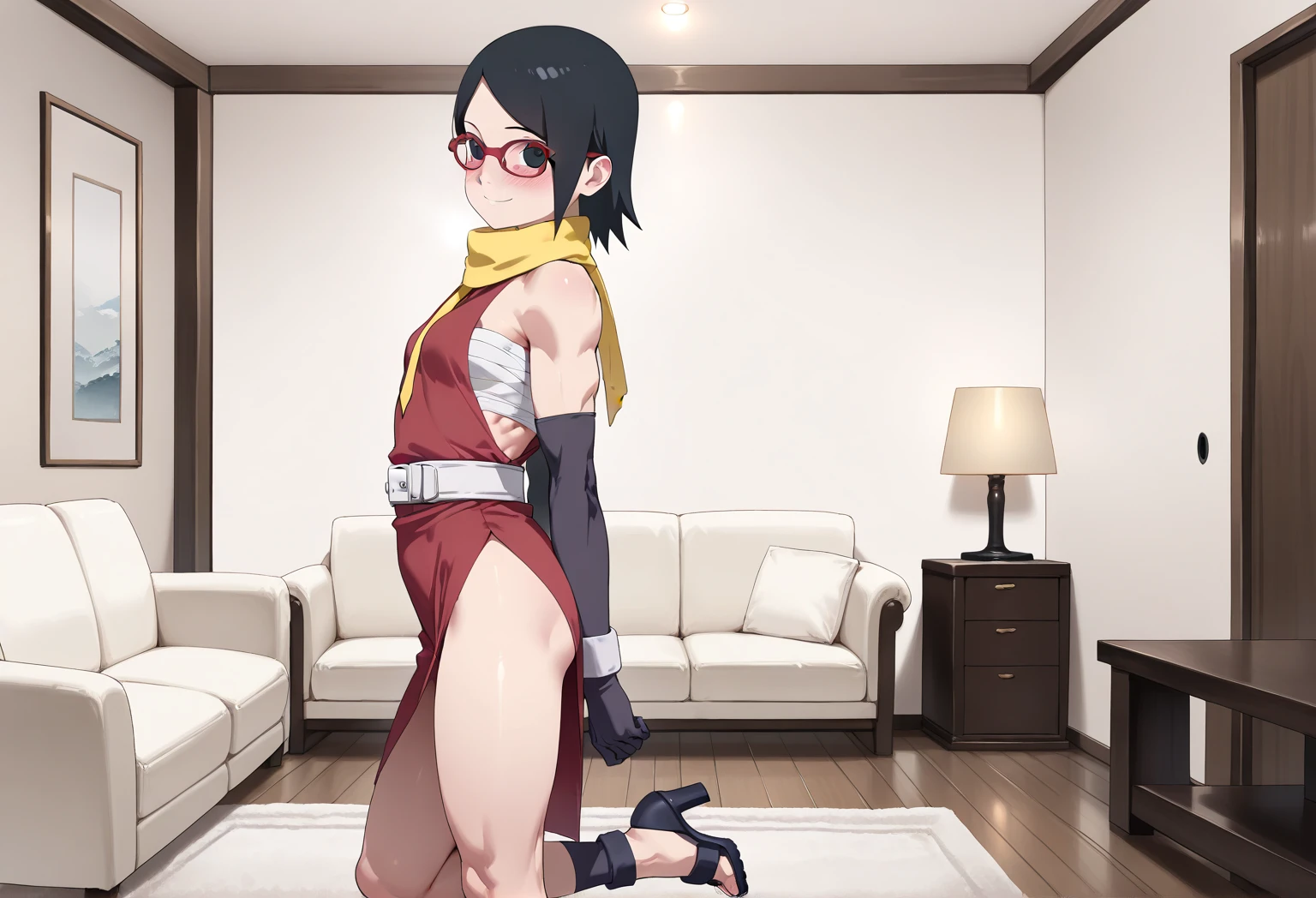 (flat chest), (masterpiece:1.2), highest quality, High resolution, unity 8k wallpaper, (fine and beautiful eyes:1.6), highly detailed face, perfect lighting, Detailed CG, (perfect hands, perfect anatomy), (1 feminine male:1.4), 20 years old,( black hair:1.3), extremely beautiful detailfeminine face and eyes, (grin smile), detailed eyes, best quality,( dark skin:1.8), extremely detailed, very precise detailed,(glasses:1.3), blunt bangs, open mouth, (very short pixie cut:1.2), (geta:1.2),(fingerless gloves:1.5), half closed eyes,long sidelocks,(long red Scarf:1.3),(sleeveless yukata), (kick:1.5),