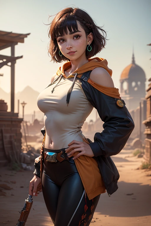 tanned brunette beautiful girl , 16 y.o indian woman in rugged wastelander clothes, random hair, leather west, very short leather pants, perfect breasts, cleavage, background is city ruins, (high detailed skin:1.2), 8k uhd, dslr, super lighting, high quality, film grain, high res, highly detailed, hyper realistic, beautiful face, beautiful body, beautiful eyes nose lips, alluring expression, very bold, shot from above, upper boobs visible, full body photo, pale translucent glowing skin, most beautiful face, cute, dynamic pose, beautiful feminine curves ,