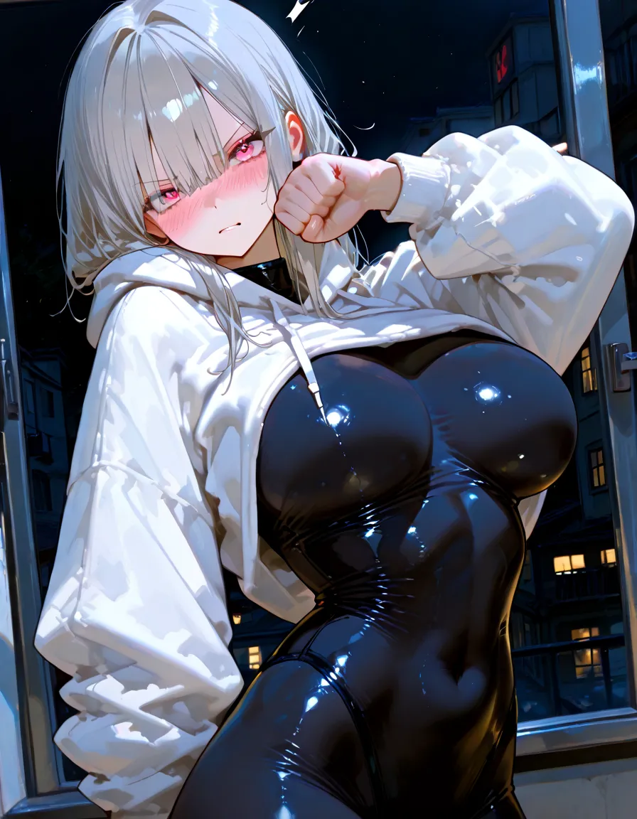 (huge boobs), huge woman, (Horror style), bob hair, hood, black t-shirt dress, in city fog night, ((wet)), rain, pantyhose, strong stance