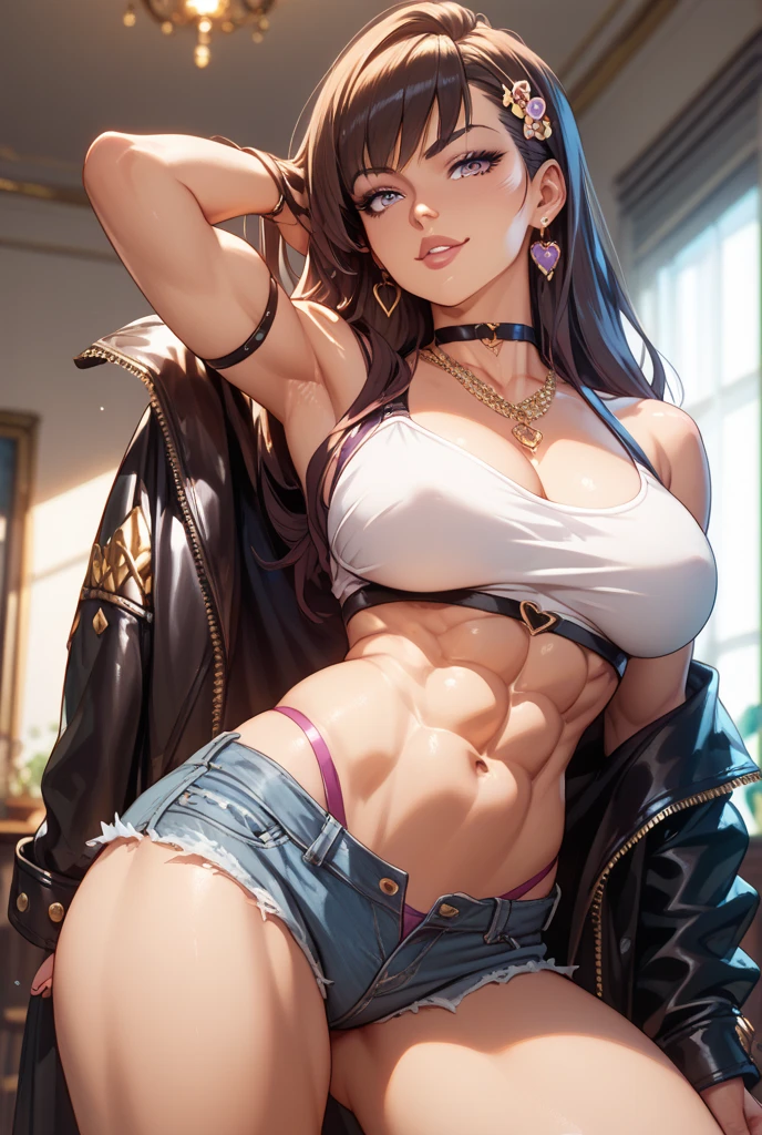 (Midnight:1.1), best quality, 8k, masterpiece, whole body, long legs, (vibrant colors), colorful, sharp focus2, (beautiful woman:1.1), (perfect figure:1.1), (slim abs:1.1, (dark brown hair), (heavy breasts), (bubble butt), (wide hips:1.1), (slim waist:1.1), (thick thighs:1.1), (detailed face and eyes:1.2), (white tight t-shirt:1.1), (jeans with bib:1.1), (standing), (view of the night city), (roof), detailed skin, (detailed hand and finger:1.2), (medium breasts:1.2), (busty), (deep cleavage:1.2), (labia outline:1.3), (hard teat:1.3).