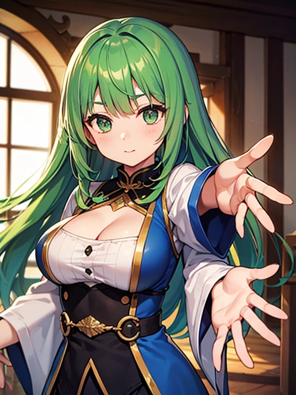 High detailed, 1 girl, light green long hair, busty, firm plump body, genetics uniform , Juliet sleeves, pencil BLUE skirt, deep cleavage, Juliet sleeves
