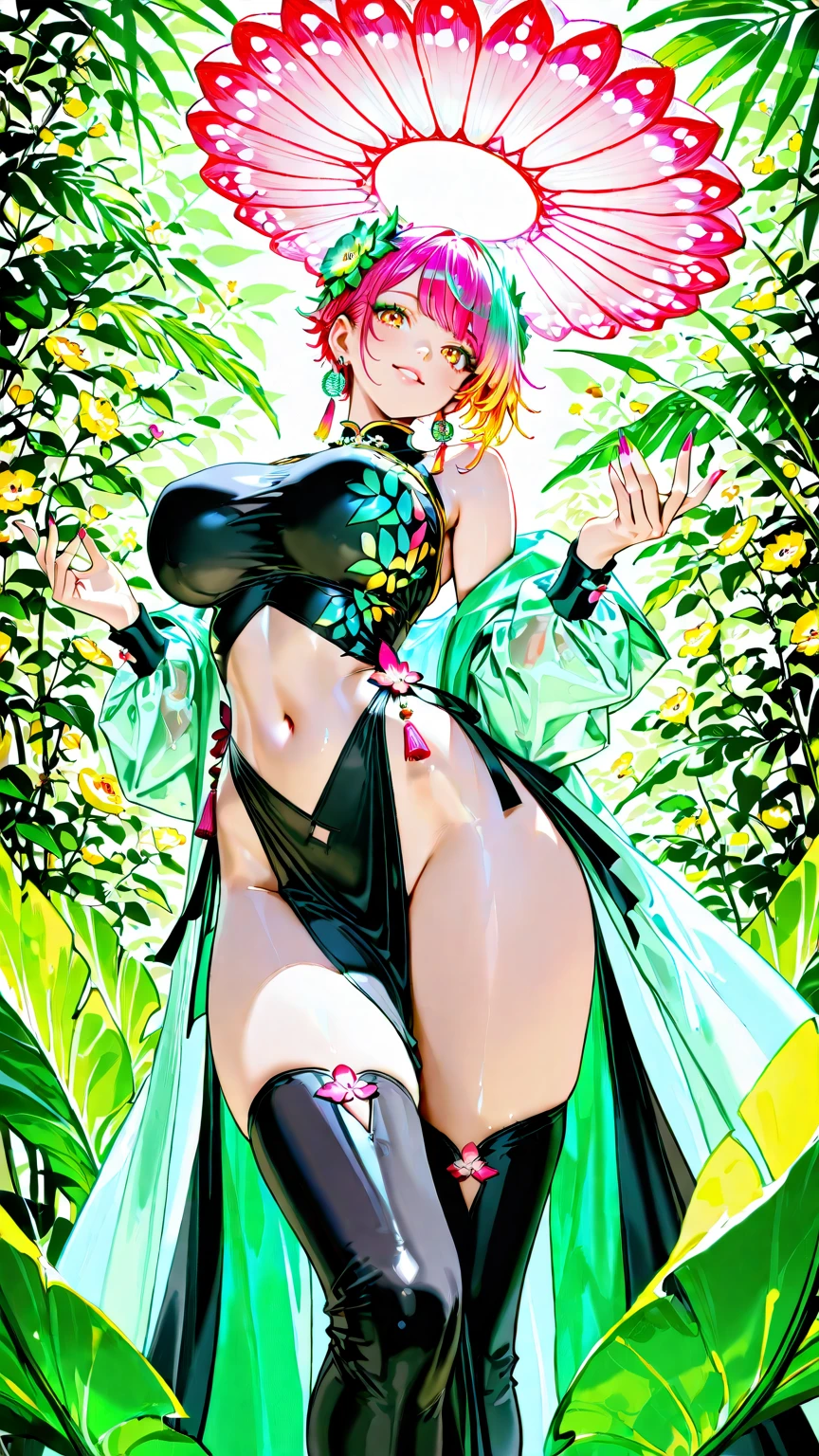 anime character with a pink and yellow dress and a green hair, anime woman fullbody art, anime character; full body art, official artwork, official art, anime monster girl, digital art from danganronpa, white haired deity, momoshiki ōtsutsuki, junko enoshima from danganronpa, ann takamaki from persona 5