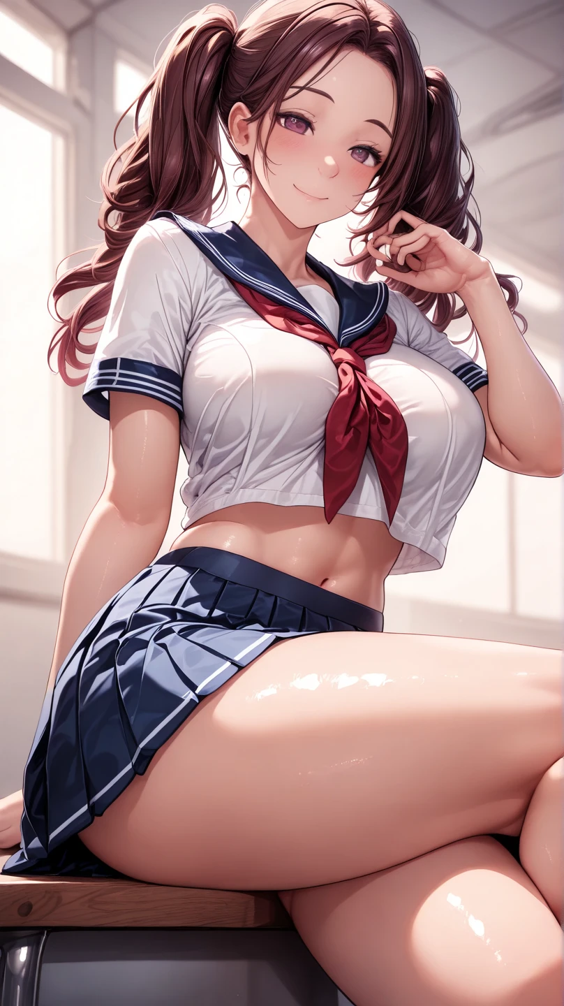 1 girl,21 years old,cosplay,(sailor unifrom,white short sleeve shirt,navy collar,red scarf),pink long curly hair,bangs,ahoge,detailed beautiful sparkling green eyes,huge breasts,in classroom,desk,sit,blurred background,ultra detailed beautiful face,(fucked silly,ahegao,steam,sweat),beautiful lighting,high resolution,(((spread legs,m legs))),(((navy short pleated skirt))),(showoff nipples),(nsfw:1.4),(((orgasm,trembling))),white strings panties,(((pull panties to the side,show off pussy))),(((spread vaginal hole))),close up pussy,detailed perfect pussy,cum over flow,