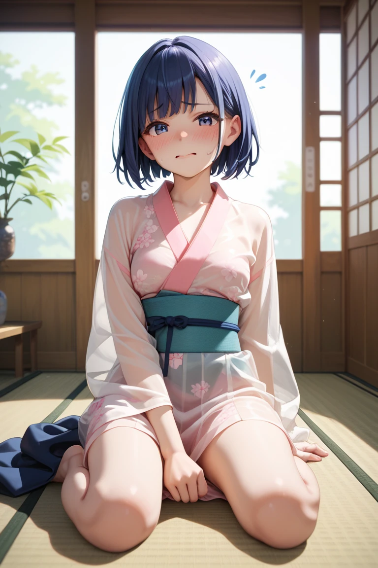 Lower Body Slim figure Light blue yukata Panties being touched by a pervert 浴衣のLower Bodyが開いてパンティが丸見え Her panties are soaked with sweat and stick to her pussy Large white cotton panties front Are standing