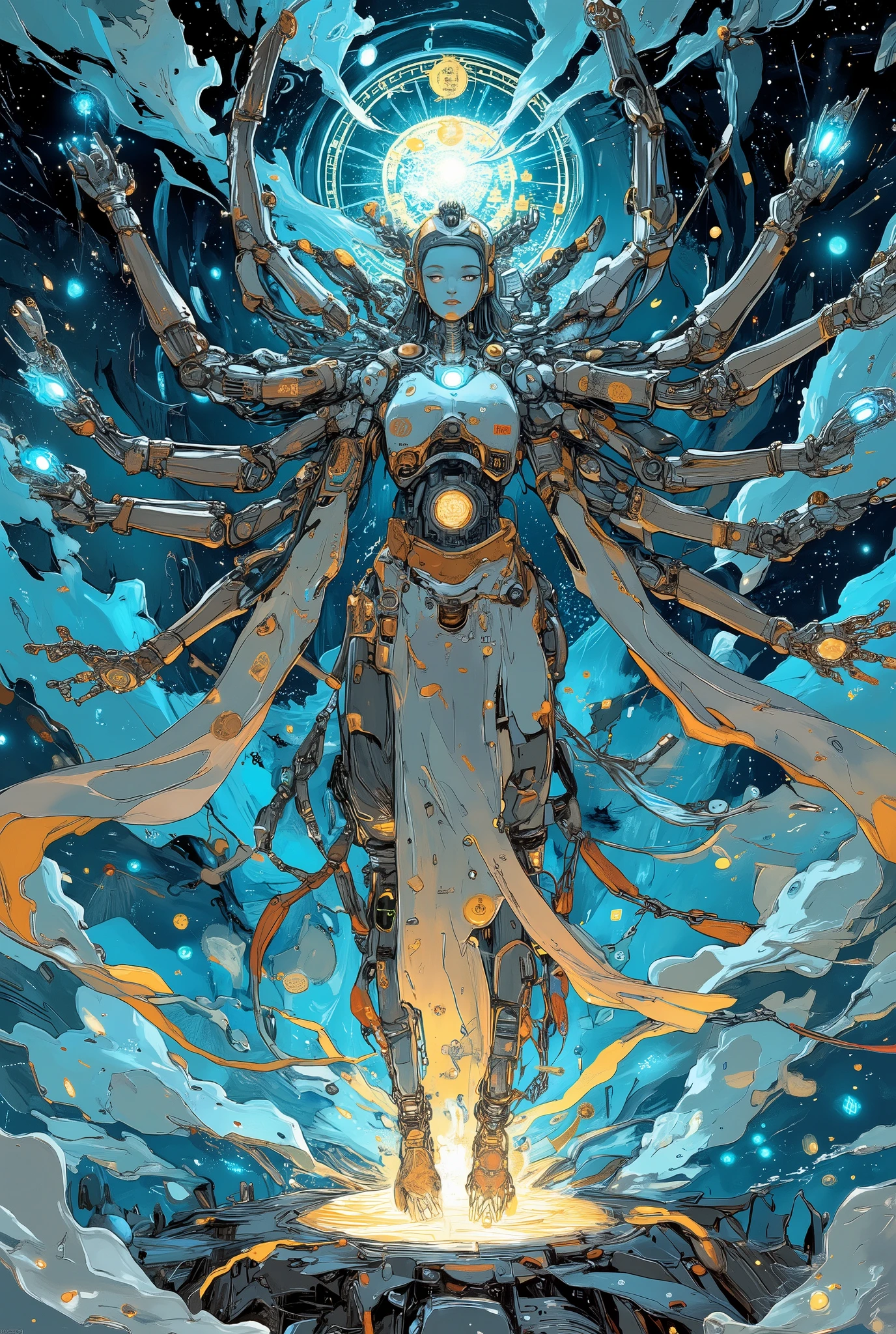 a celestial cybernetic version of Senju Kannon, the Thousand-Armed Goddess of Mercy, reimagined in a futuristic sci-fi setting,
she stands on a hovering lotus platform made of luminous energy circuits, her thousand mechanical arms extending with elegant symmetry,
each arm crafted from polished alloy and glowing with sacred blue light, holding both ancient relics and advanced technological artifacts,
her serene face is partially covered with a holographic veil, eyes glowing softly, emitting waves of compassion and code,
a halo of digital mandalas and orbiting drones surrounds her, projecting symbols of peace in radiant patterns,
the background is a vast cosmic data field with floating satellites, stars, and glowing binary nebulae,
ultra-detailed science fantasy illustration, divine presence fused with high-tech aesthetics, ethereal lighting,
masterpiece, best image:1.5, 8k, glowing circuitry, divine AI, sacred machine goddess