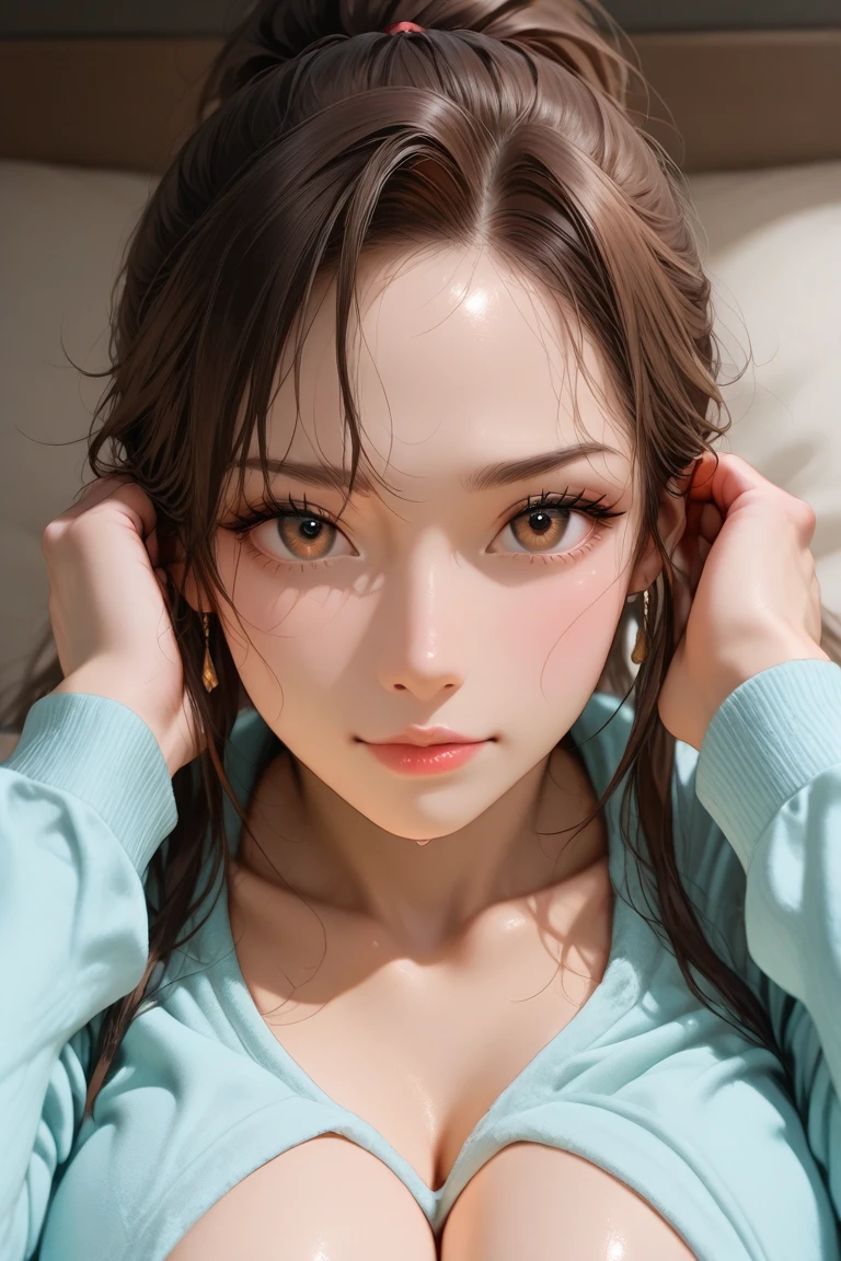 highres, masterpiece, perfect ligthing, bloom, cinematic lighting, adult, mature, perfect skin, 1girl, selfie, bedroom, big breasts, heavy makeup, blush, seductive, horny, cum, cum on face, cum on clothes
