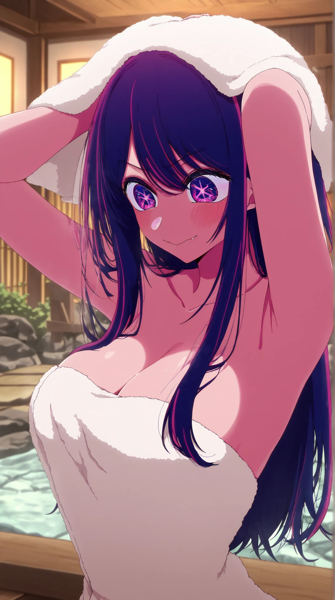 Anime girl with long hair and purple eyes, a picture inspired by Puru, Tumbler, conceptual art, Anime Best Girl, anime moe art style, クローズアップiwakura lain, Anime visuals of cute girls, Anime girl named Lucy, iwakura lain, Still from TV anime, anime still image, (Anime Girl)、(((barechested)))、A smile、Open your mouth、Ai Hoshino、(((hot onsen)))、(((fullnude)))、Colossal tits、(((anime styled)))、(((2D)))