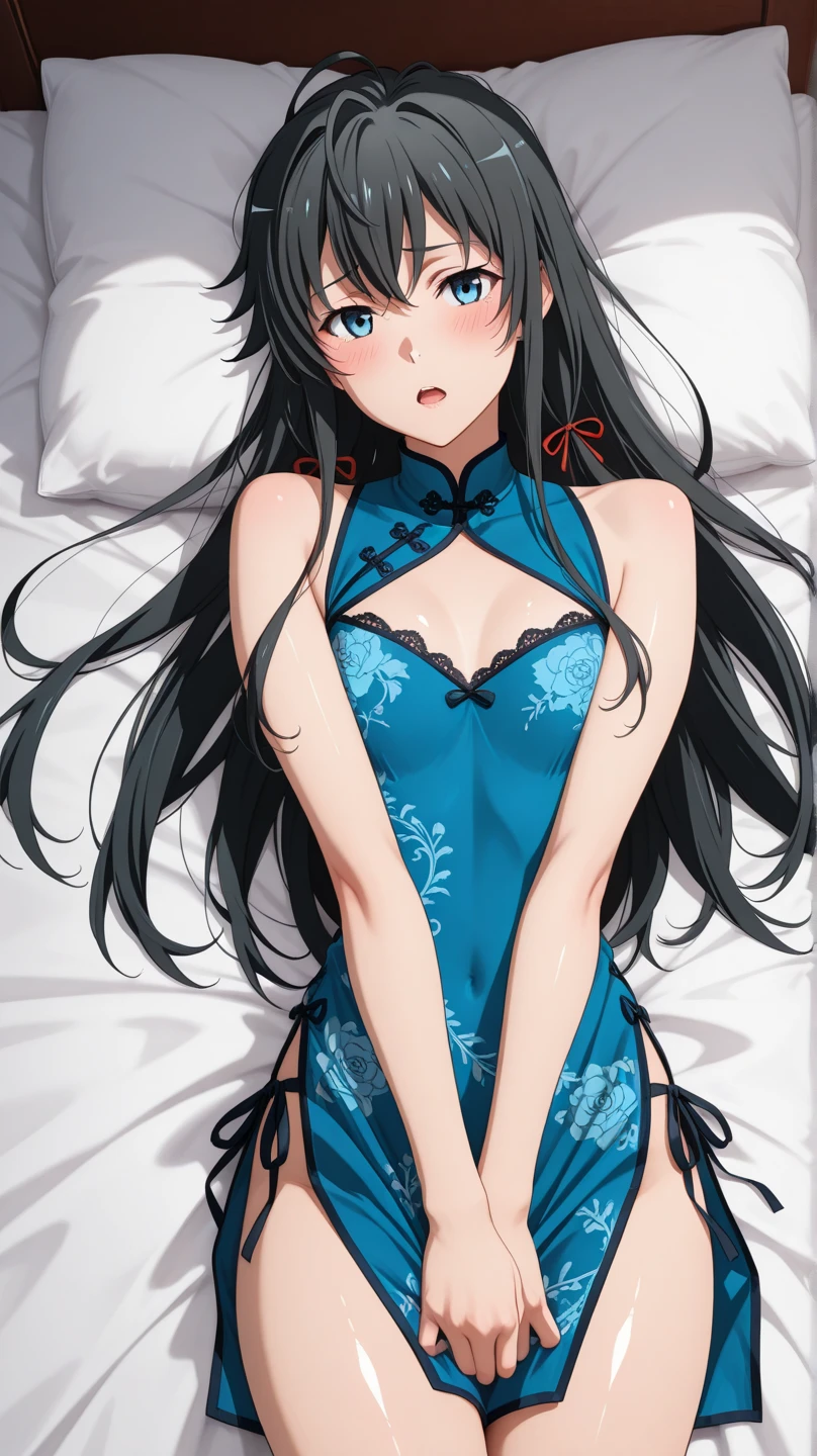 (Realistic:1.3), (photoRealistic:1.2), (masterpiece:1.2), (highest quality), (Detailed skin:1.3), (Intricate details), 
One woman, 18 year old, 
Detailed skin texture, (blush:0.8), (Ultra High Definition Face:1.2), (((both eyes are closed))), (open mouth), raise her chin
Black Hair, Straight Hair, medium long hair, Calm hair, bangs, Hair between the eyes, Hair volume is low, 
Sparkling blue eyes, Lens Eye, Light reflection on the eyes, high light in the eyes, Symmetrical eyes, Eyelashes, 
Two legs, Two arms, Two joints in the fingers, 
((Depict from thighs to head)),
(Wearing one piece skirt dress with fine lace), Sleeveless, Clothes with open upper chest, (dress color is pastel color), ((red g-string panty)), thongs, 
(On the bed with white sheets),  
((fully lying position)), ((she is lying on the bed)), ((lie on the bed With legs apart)), (((Open her legs very wide))), arms above head , (big boobs), ((insert a dildo into the vagina)), Look at me with just her eyes, 
