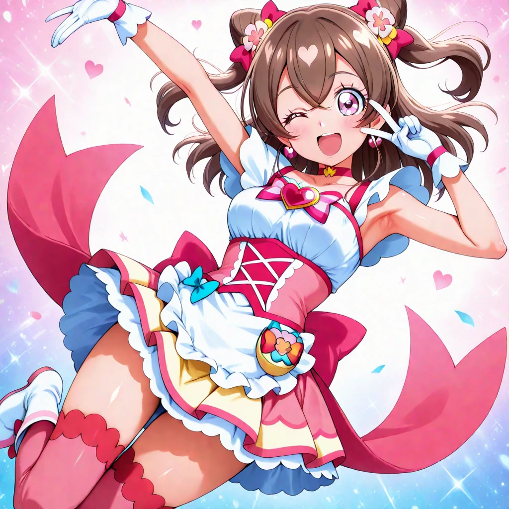 ,12yo,(petite), 1girl, looking at viewer, , hazuki katou,,,, ,,,blush,(spoken heart),,flat chest,(evil smile,grin),(((magical girl costume))),miniskirt,thighhighs,,long sleeves,brooch,(nipple,panties)