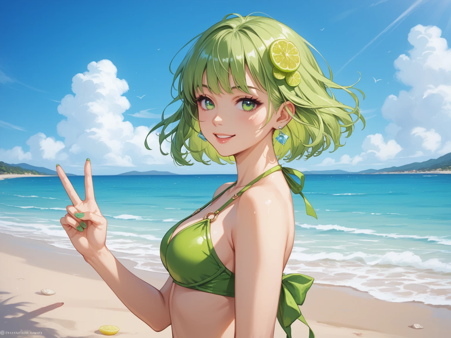 ((masterpiece)), (((best quality))), chromatic lighting,
colorized, green + white limited color palette, 
detailed concept drawing, bikini, on the beach,
portrait, 20yo 1girl, blue sky, medium soft breasts, slender, green, long green hair, black eyes, smiling