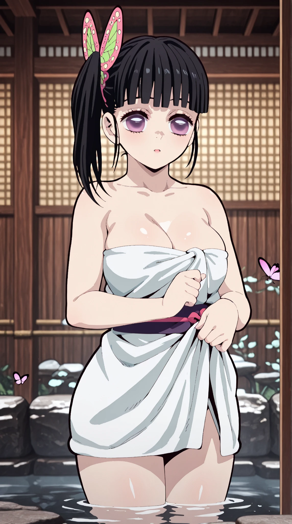 1 boy and 1girl are having sex, masterpiece, 1 boy is her bihind, 1 girl, best quality, standing doggy, topless, hug from behind, large breasts, orgasm face, yor briar, black hair, (red eyes:1.5), earrings, white hairband, hairband, long hair, sidelocks, topless, nsfw, naked, nipples, close up breasts, steam, (cum to breasts:1.3),