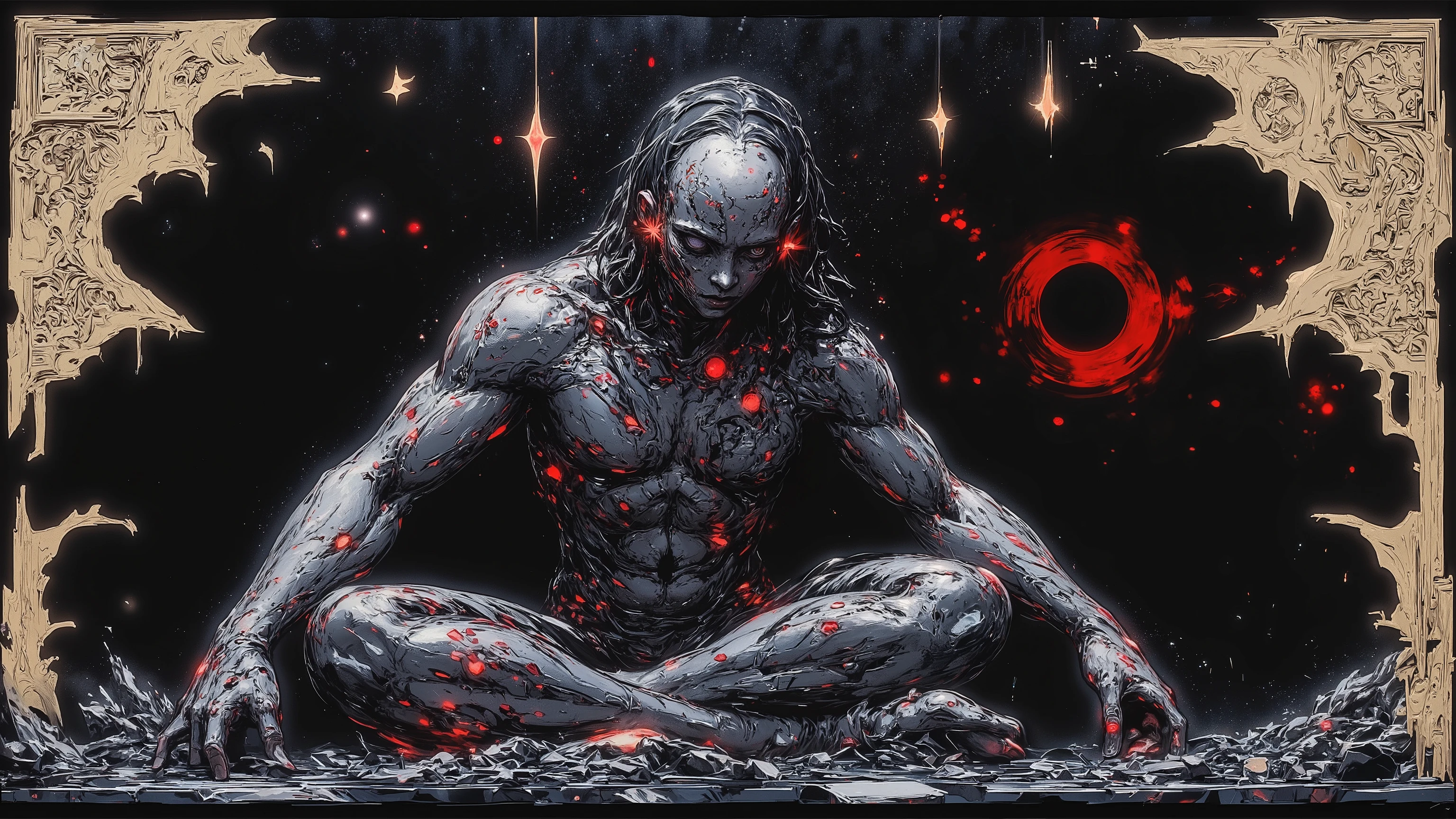 a surreal, apocalyptic scene depicting a melted, godlike embedded in a decaying, womb-like cathedral chamber, the figure partially fused with the environment, surrounded by black mist and glowing red sigils, viewed from a low angle with a wide lens, heavy glitch textures and VHS tape distortion cutting through the frame, subdued lighting with flickers of static, the atmosphere filled with an unsettling, sacred silence, muted monochrome palette with hints of decayed gold and crimson, inspired by dark ambient album covers and decayed religious symbolism