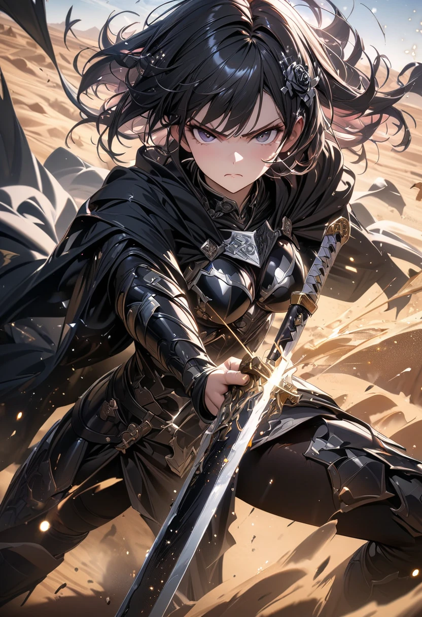 (harayutaka art style:0.7), (hero neisan art style:0.7), score_9, score_8_up, score_7_up, score_6_up, score_5_up, score_4_up, uncensored, shizuka hiratsuka, long hair, black hair, black eyes, BREAK (masterpiece:1.2), best quality, high resolution, (detailed eyes:1.3), perfect lighting, (perfect hands, perfect anatomy), 1girl, sword, weapon, solo, thighhighs, armor, holding, gauntlets, cape, armored dress, black thighhighs, looking at viewer, fur trim, holding weapon, holding sword, black dress, breasts, dress, fur-trimmed cape, black cape, flag, bokeh, rock, cloudy sky,