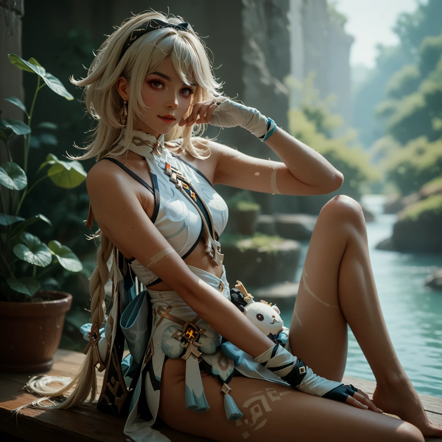 (full figure:1.1), masterpiece, realistic, realism, photorealism, high contrast, in full light, photorealistic digital art trending on Artstation 8k HD high definition detailed realistic, 1girl, (solo:1.5), ((priestess)), young beautiful woman, petite, medium perky breasts, ((blue eyes)), (blonde long hair:1.5), tight long white dress, (white knee high socks:1.1), (no head gear:1.5), (lying in a hot spring:1.5), parted lips, art by artgerm and ruan jia and greg rutkowski surreal painting, detailed, skin texture, hyper-detailed, realistic skin texture, side view, garden, , forest, clear water, head down, flustered, drenched