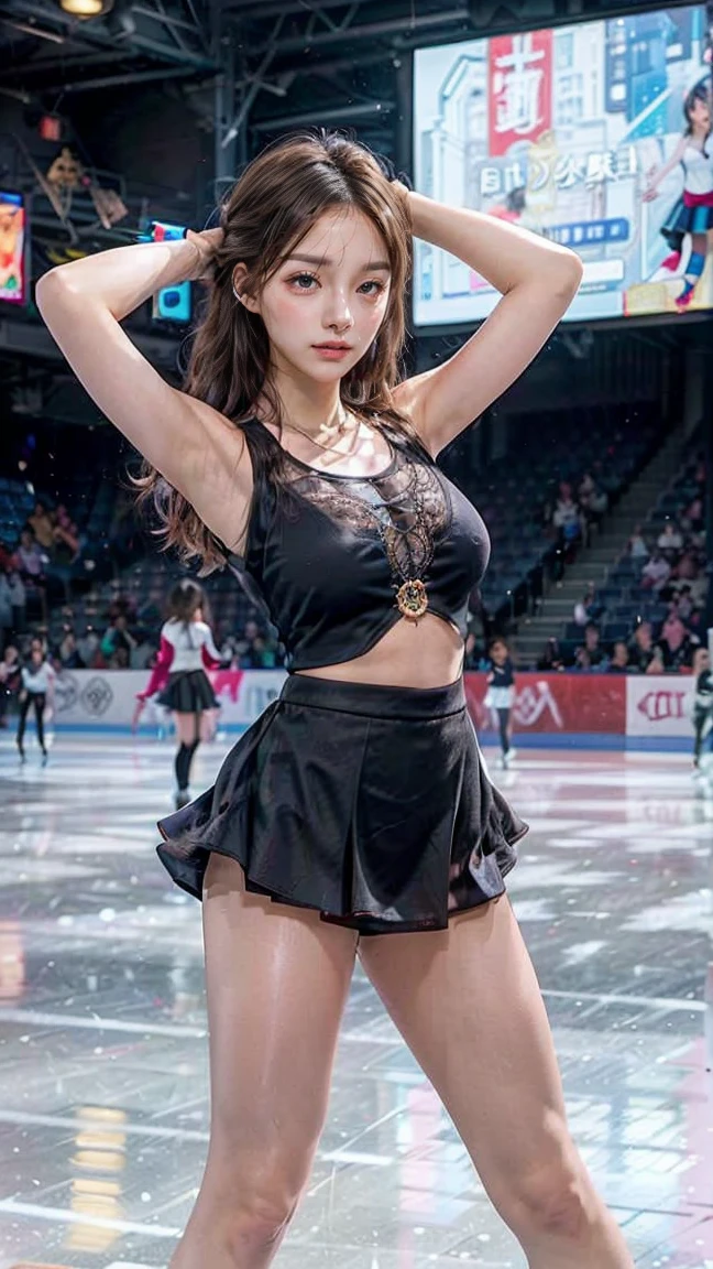 (smile))、Confused、RAW Photos、(((The ultimate portrait masterpiece)))、((The cutest girl in the world:1.4))、1 girl、、Japanese、Cute face、((Silky Hair))、(A high ponytail tied with a ribbon:1.4)、((Super huge breasts:0.4))、((Eyes that shine like jewels))、Glowing Skin、(young woman),Thin ribbon、(Uniforms made from high-quality fabrics:1.4)、Ultra-detailed uniforms、(She shyly pulls up her skirt:1.3),((Crotch from the front))、A skirt fluttering in the wind、eyeliner、Beautiful Bangs、Hair between the eyes、((solve、High resolution))、Detailed Background、8 KUHD、Digital SLR、Soft Light、high solve、Film Grain、Fujifilm XT3、Shallow depth of field、自然なSoft Light、Narrow waist,(Beautiful girl with sparkling eyes:1.4),(A big bust that seems to burst:-0.5),(You can see the shaved pan:1.59),(Very beautiful shaved pussy:1.5),(The idol-like cuteness of high school girls:1),(Professional figure skater female:1.3),,(A very old and worn out pussy:-0.7),(During the ice show)