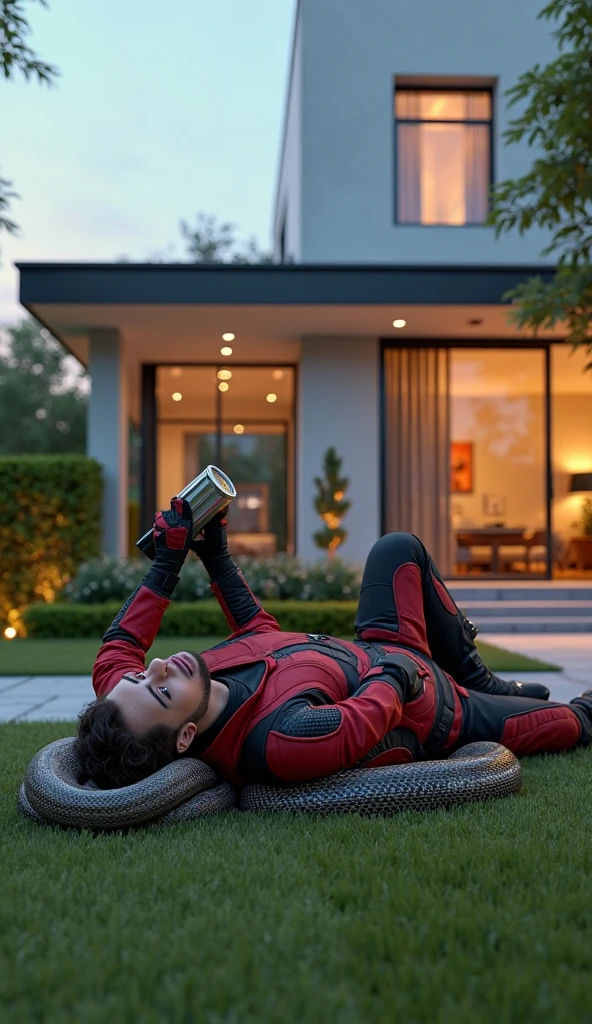 2,One Man,、Black bodysuit、Shocker Belt、Black gloves、With a handgun on his hip、garden、On the grass、logic, ,Black Hair、Very short hair、Handsome Fighter Stubble Iraqi face Stubble Lie on your back with your legs open、Black socks