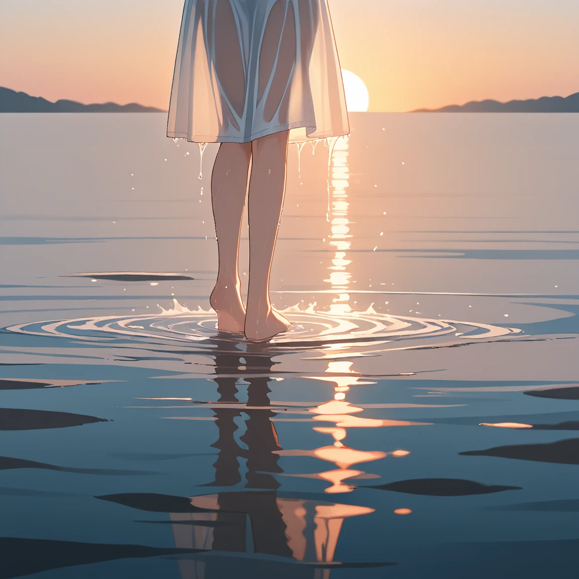 masterpiece, highest quality, movie stills, 1 girl,looking at the viewer、camisole dress、white dress、 Sky reflected on the sea surface、Mirror-like water surface、Reflective water surface、I can see your ankles、barefoot、sunset、beautiful sky, close, bright, Happy, warm and soft lighting, sunset, (spark:0.7)