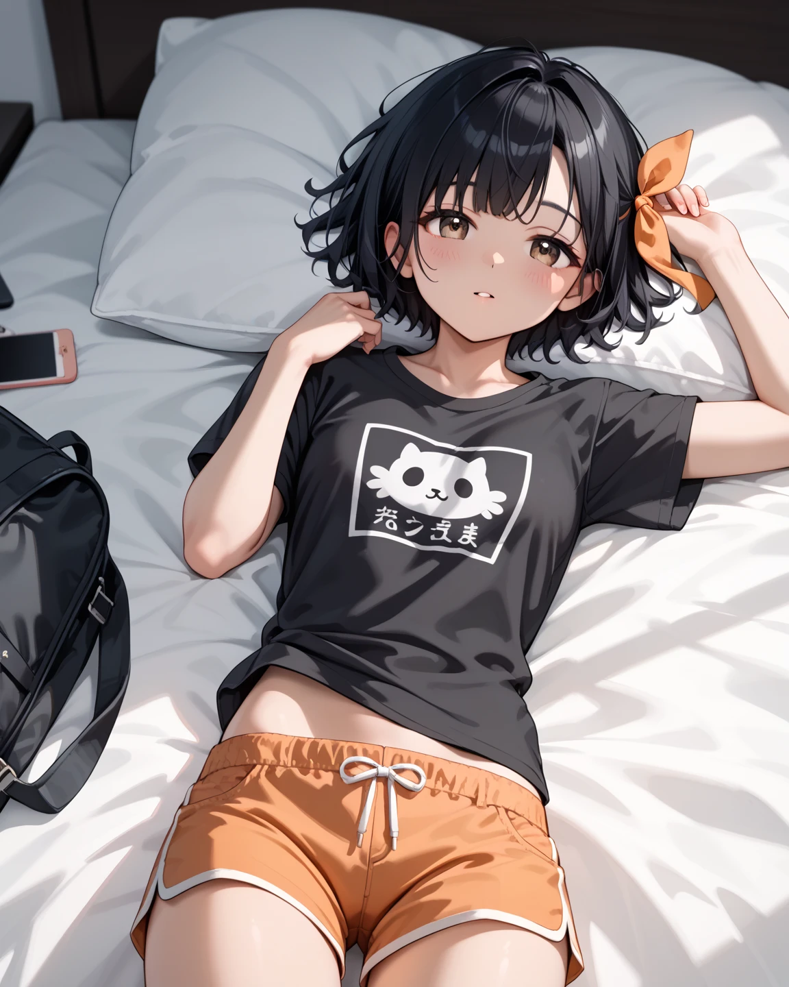(child)，highest quality，Beautiful face in every detail，cute，Dark brown eyes，(背の低いcute女の子，Small young student，Young delicate girl）,（masterpiece，Top quality)，Black Hair，Sleepy expression，Short sleeve，jeans