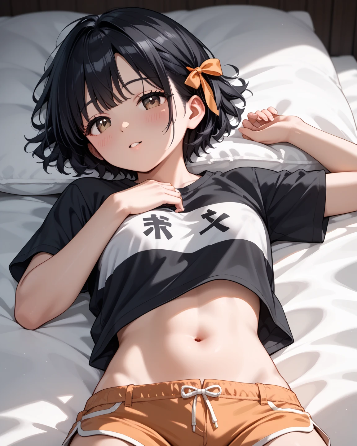 Cute Japanese high school girl with short-cut black hair, down and lying down in the ring of mma, passed out, eyes closed, mouth wide open, gasping, drooling, very sweaty, out of stamina, slender body, poor breasts, small breasted sports bra, high leg shorts, open finger gloves
