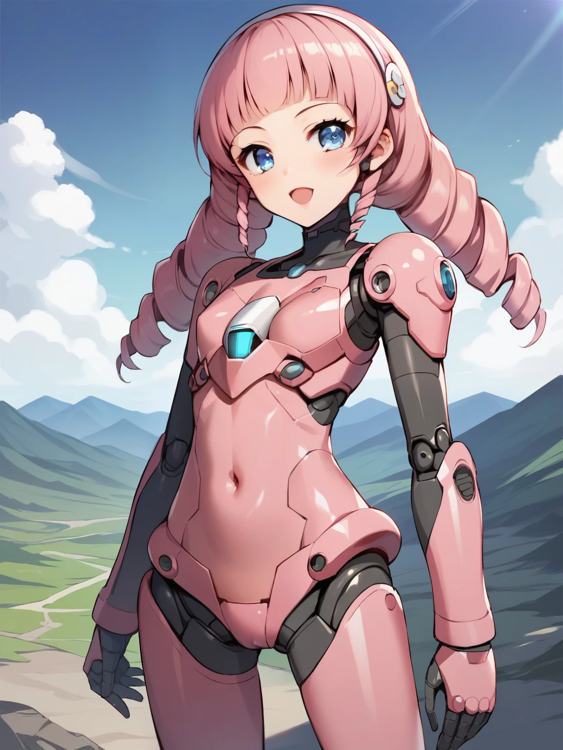 score_9, score_8_up, score_7_up, score_6_up, score_5_up, score_4_up, anime,nsfw, uncensored,anime girl,correct anatomy,young ,Petite,short,skinny,flat chest,1 girl on break day、standing facing the front、anime girl with pink hair and blue eyes posing for a picture, (((drill hair)))、(( Landscape:1.5))、((Under Twins))、(braids) cute cyborg girl, pink streamlined armor , mecha girl wearing cyber armor, Biomechanics , anime manga robot!! anime girl, Girl in armor, Shiny pink armor, Perfect Android Girl , anime cyborg , android heroine, anime girl of the future, Point a gun at an anime robot , perfect anime cyborg woman,Pretty Cure Style:1.3,