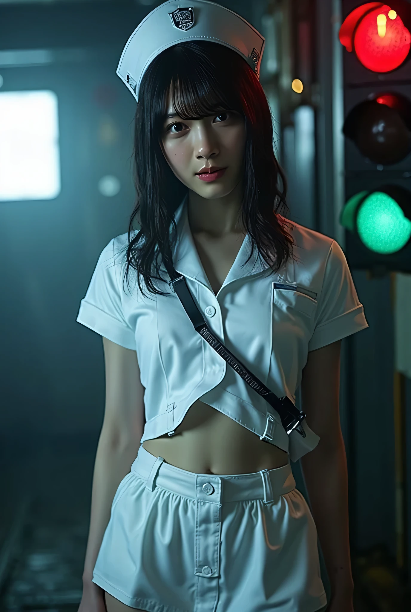 a photo:A beautiful girl in traditional Japanese clothes on a quiet night,Walking in the dark alley,Dusky street lights,((Beautiful long legs、Tattoo)),((masterpiece)),Practical,4K,Extremely detailed,((Beautiful big eyes))